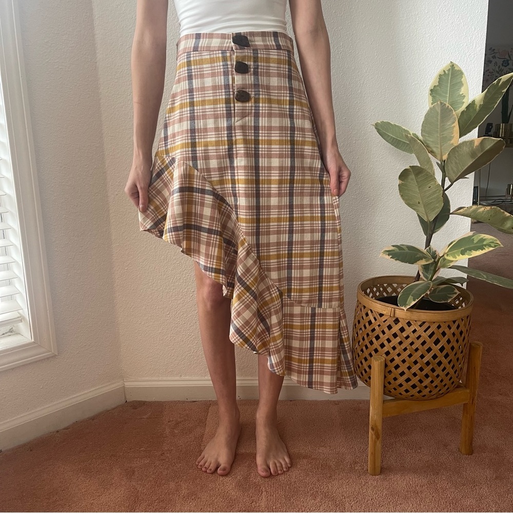Zara Asymmetrical Plaid Midi Skirt